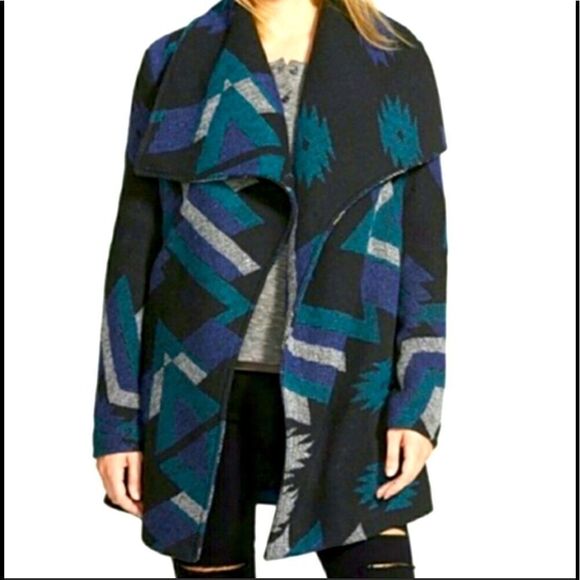 Thread & Supply blue/black Southwest Print coat with shawl collar - Picture 1 of 4